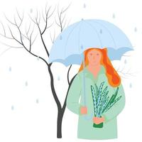 A girl with an umbrella. It's raining, it's cool. Autumn. Drizzle outside. She holds a bouquet of flowers in her hands. Vector stock illustration. Isolated on a white background. March. Spring.