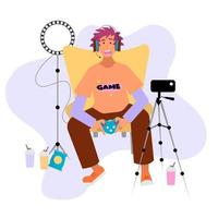 Man is playing video game and streaming the whole process, using additional lights and mobile phone. Vector illustration in flat cartoon style.