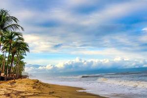 paisaje de fondo con palmeras nubes mar y cielo azul foto