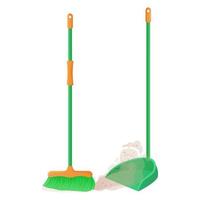 Cartoon plastic broom and scoop set. Broom sweeps dust and dirt. Housework, cleaning services, household,concept. Equipment for cleaning element isolated on white background Stock vector illustration