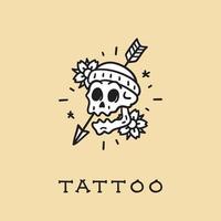 tatuaje de flash de calavera de dibujos animados retro dibujado en técnica auténtica de la vieja escuela. dibujo de esqueleto con flores. vector