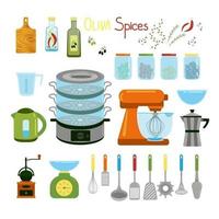 Kitchen items, kettle, mixer, geyser coffee maker, steamer, captive and various spatulas for cooking, spices in jars and olive oil, vector clipart in flat style, isolated objects.