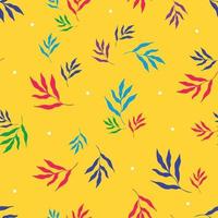 Vector illustration of bright multicolored leaves of tropical plants forming seamless pattern on yellow background
