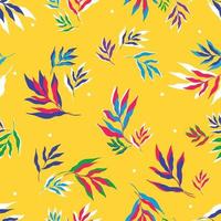 ilustración vectorial de hojas multicolores brillantes de plantas tropicales que forman un patrón sin costuras sobre fondo amarillo vector