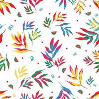 Vector illustration of bright multicolored leaves of tropical plants forming seamless pattern on white background