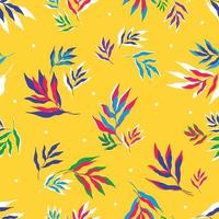 Vector illustration of bright multicolored leaves of tropical plants forming seamless pattern on yellow background