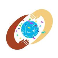 Hands with earth, people of the world holding the globe flat vector sticker, poster