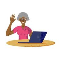 mujer adulta agitando la mano sosteniendo una tableta digital. vector
