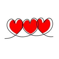 dibujo continuo de una línea de corazón. símbolo de amor garabato dibujado a mano minimalismo de tres corazones vector