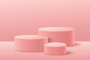 Cylinder display for product in modern design. Abstract background rose gold rendering with podium and minimal white texture wall scene, 3d rendering geometric forms pink color.