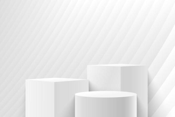 Realistic cube and round display for product in modern design. Abstract background rendering with podium and minimal white texture wall scene, 3d rendering geometric forms grey color.