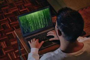 man with computer screen with green binary matrix binary photo