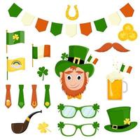 St. Patrick's Day vector icons set isolated on a white background. Flat style, cartoon style elements, leprechaun, beer, horseshoe, coins, flags, glasses, clover, hat, pipe.