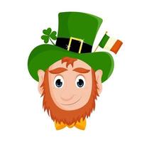 A cute cartoon  leprechaun in a green hat with the flag of Ireland and a shamrock, an illustration for St. Patrick's Day. Vector illustration isolated on a white background.