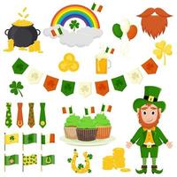 St. Patrick's Day vector icons set isolated on a white background. Flat style, cartoon style elements, shamrock, leprechaun, cake set, gold, flag, horseshoe, beard, mustache, rainbow.