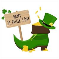 A leprechaun's shoe with gold coins, a sign with the inscription St. Patrick's Day decorated with shamrocks. Vector illustration on a white background