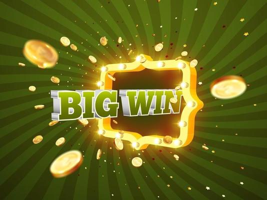 The word Big Win, surrounded by a luminous frame on a coins explosion background. The new, best design of the luck banner, for gambling, casino, poker, slot, roulette or bone.