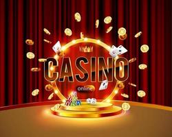 la palabra casino, rodeada por un marco luminoso y atributos de juego, sobre un fondo de explosión. vector