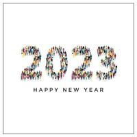 Merry Christmas and Happy New Year 2023, many people, white background postcard, web template - Vector