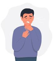 The man has a sore throat. The guy has a cold. Poor health, infection. Vector graphics.