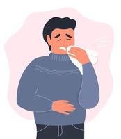 The guy sneezes into a handkerchief. The man fell ill with a cold, a virus, a runny nose. Vector graphics.