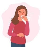 The girl sneezes into a handkerchief. The woman got sick with a cold, a virus, a runny nose. Vector graphics.