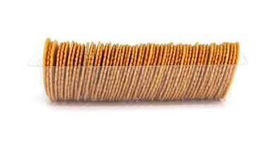 a row of round cracker isolated on white background photo