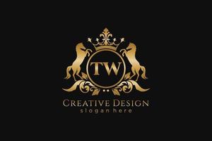 initial TW Retro golden crest with circle and two horses, badge template with scrolls and royal crown - perfect for luxurious branding projects vector