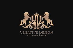 initial VU Retro golden crest with shield and two horses, badge template with scrolls and royal crown - perfect for luxurious branding projects vector