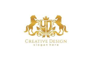 initial VQ Retro golden crest with shield and two horses, badge template with scrolls and royal crown - perfect for luxurious branding projects vector