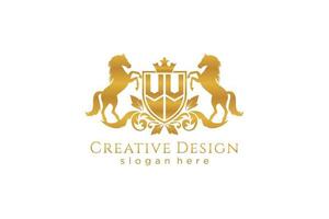 initial VV Retro golden crest with shield and two horses, badge template with scrolls and royal crown - perfect for luxurious branding projects vector