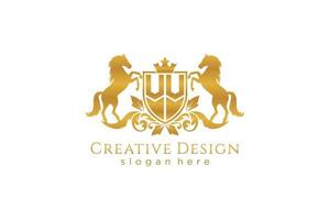 initial VV Retro golden crest with shield and two horses, badge template with scrolls and royal crown - perfect for luxurious branding projects vector