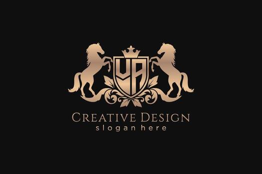 initial VA Retro golden crest with shield and two horses, badge template with scrolls and royal crown - perfect for luxurious branding projects vector
