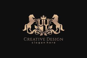 initial VY Retro golden crest with shield and two horses, badge template with scrolls and royal crown - perfect for luxurious branding projects vector