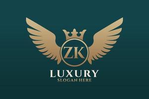 Luxury royal wing Letter ZK crest Gold color Logo vector, Victory logo, crest logo, wing logo, vector logo template.