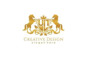 initial VL Retro golden crest with shield and two horses, badge template with scrolls and royal crown - perfect for luxurious branding projects vector