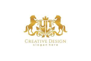 initial VL Retro golden crest with shield and two horses, badge template with scrolls and royal crown - perfect for luxurious branding projects vector