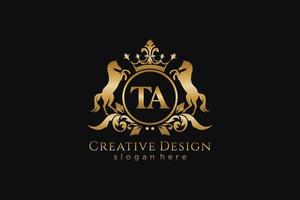 initial TA Retro golden crest with circle and two horses, badge template with scrolls and royal crown - perfect for luxurious branding projects vector