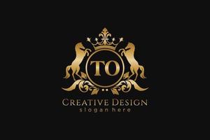 initial TO Retro golden crest with circle and two horses, badge template with scrolls and royal crown - perfect for luxurious branding projects vector