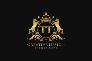 initial TT Retro golden crest with circle and two horses, badge template with scrolls and royal crown - perfect for luxurious branding projects vector