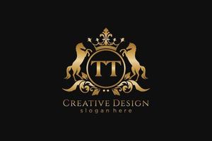 initial TT Retro golden crest with circle and two horses, badge template with scrolls and royal crown - perfect for luxurious branding projects vector