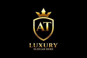 initial AT elegant luxury monogram logo or badge template with scrolls and royal crown - perfect for luxurious branding projects vector