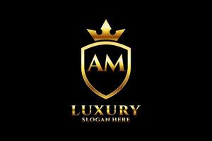 initial AM elegant luxury monogram logo or badge template with scrolls and royal crown - perfect for luxurious branding projects vector