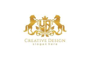 initial VB Retro golden crest with shield and two horses, badge template with scrolls and royal crown - perfect for luxurious branding projects vector