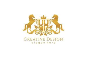 initial VX Retro golden crest with shield and two horses, badge template with scrolls and royal crown - perfect for luxurious branding projects vector
