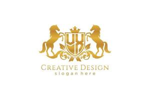 initial VX Retro golden crest with shield and two horses, badge template with scrolls and royal crown - perfect for luxurious branding projects vector