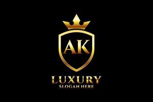 initial AK elegant luxury monogram logo or badge template with scrolls and royal crown - perfect for luxurious branding projects vector