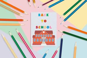 Back to school. Notebook, pencils, and school building, on a multicolored background. Education concept. vector