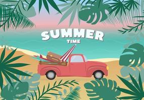 Summer time card with car, beach landscape, tropical leaf frame. Vacation and travel concept.
