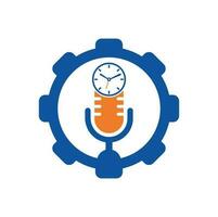 Podcast time gear shape concept vector logo design template. Mic clock vector logo design icon.